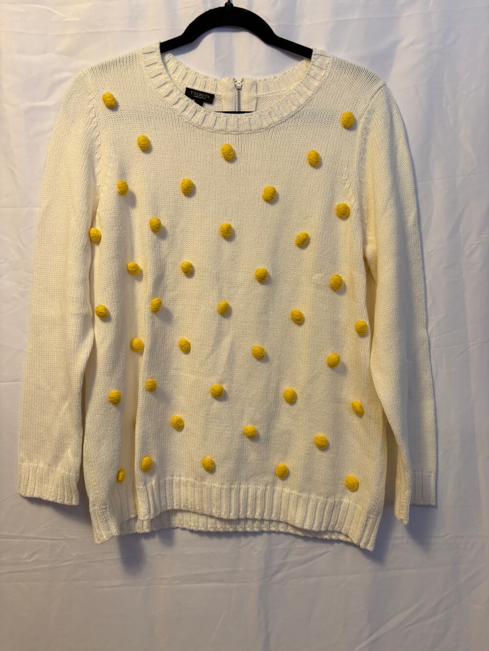 New Talbots Pom Pom Knit Sweater Ivory Yellow Back Zip Ribbed Long Sleeve Sz 1XP